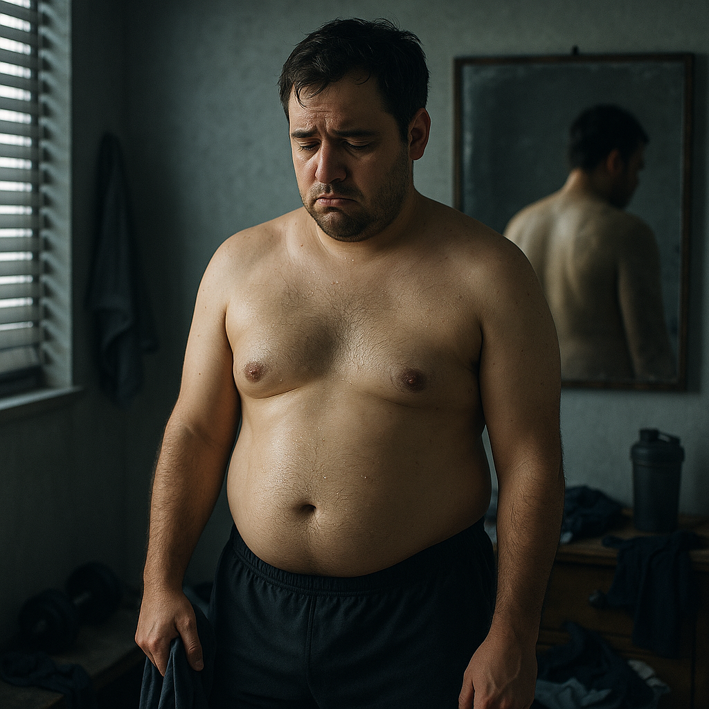 Hombre insatisfecho con su cuerpo en el espejo